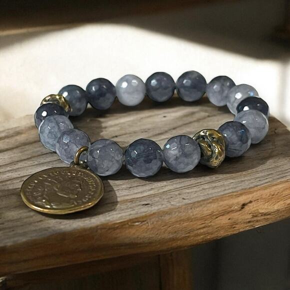 Gemstone Stretch Bracelet Womens Faux Coin Blue Slate Boho Hippie Artsy - Picture 1 of 10